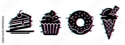 Cake cupcake donut ice cream icons with modern digital glitch effect, representing sweet treats and desserts.