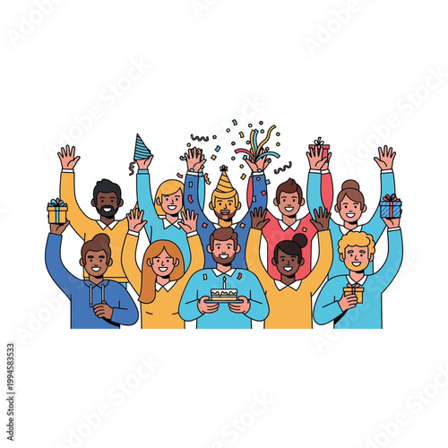 Diverse group of people celebrate with raised hands and gifts in a joyful illustration.