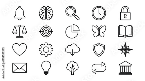 Assortment of icons for various concepts including bell brain magnifying glass clock lock scales target pie chart butterfly book heart gears cloud download shield compass envelope light bulb tree