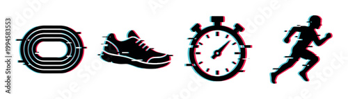 Running track, shoe, stopwatch, and runner icons with a modern glitch effect, representing sport, fitness, and competition.