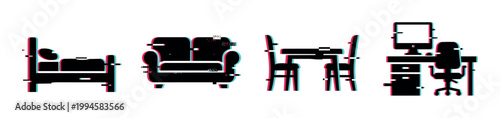 Glitch effect furniture icons set featuring bed, sofa, dining table, and office desk with computer and chair in a modern digital style.