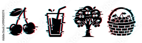 Cherry fruit, juice, tree, and basket icons with a modern digital glitch effect, representing fresh produce and beverages.