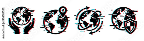 Glitch effect global icons set with hands, location pin, arrows, and shield representing digital world concepts and cybersecurity.