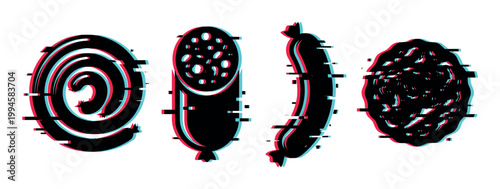 Stylized glitch effect sausage and meat product icons featuring a modern digital distortion aesthetic for food-related designs.
