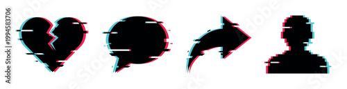 Glitch effect social media icons set featuring broken heart, speech bubble, share arrow, and user profile symbols for digital communication.