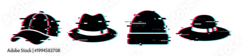 Hats headwear collection with digital glitch effect, featuring various styles like baseball cap, fedora, beanie, and wide-brimmed hat, creating a modern distorted aesthetic.