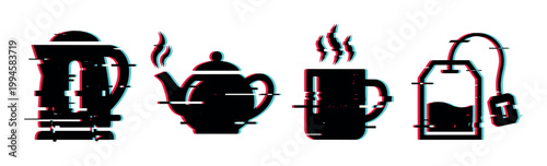 Tea items with glitch effect, including an electric kettle, teapot, steaming mug, and tea bag, representing digital distortion and retro style.