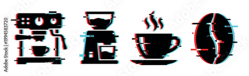 Coffee icons with glitch effect, featuring an espresso machine, grinder, steaming cup, and bean in a modern digital style.