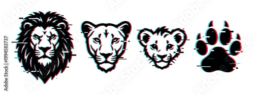 Stylized lion, lioness, and cub heads with a paw print featuring a modern anaglyph glitch effect.