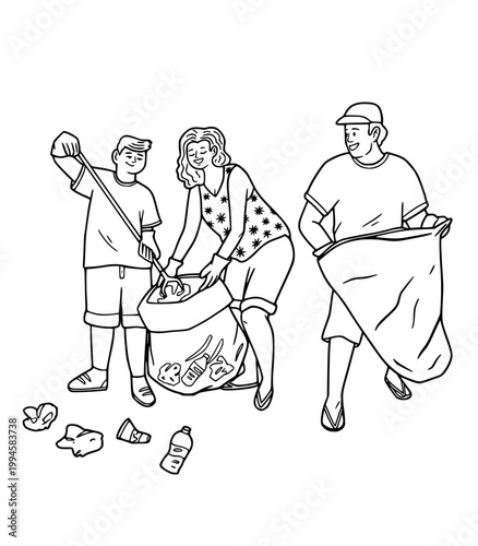 Group of People Volunteers Picking Up Garbage in Bags, Community Cleaning Service for Environmental Protection, Family or Friends Collecting Trash and Plastic Waste Illustration