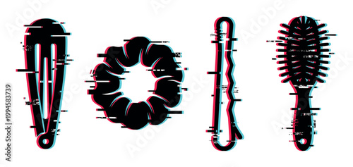 Hair accessories set with a modern digital glitch effect includes a clip, scrunchie, bobby pin, and brush for styling.