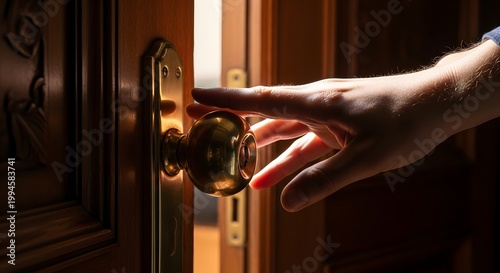 Human Hand Holding Gold Handle To Open The Door