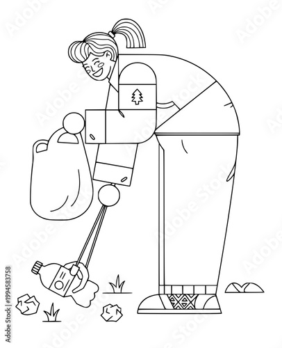 Woman Volunteer Picking Up Plastic Waste with Reacher Tool, Environmental Cleaning Service Illustration, Young Girl Collecting Garbage in Bag for Recycling Line Art