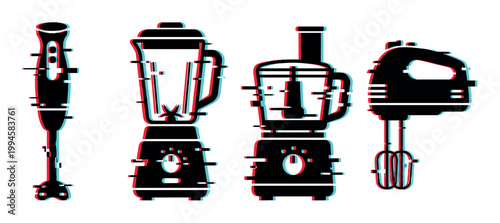 Kitchen appliances glitch effect vector illustration featuring a blender, food processor, hand mixer, and immersion blender with digital distortion.