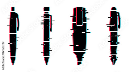 Writing instruments with digital glitch effect, featuring pens, pencil, marker, and fountain pen in a modern cyber style.