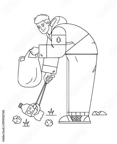 Male Volunteer Picking Up Plastic Trash with Reacher Tool, Community Cleaning Service Illustration, Young Man Collecting Garbage in Bag for Recycling Line Art