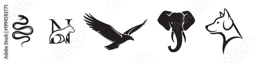 Black silhouettes of five different animal heads Vector
