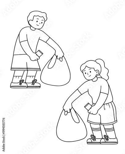 Children Volunteers Picking Up Trash in Bags Illustration, Boy and Girl Collecting Garbage for Environmental Protection, Kids Cleaning Nature Line Art Concept