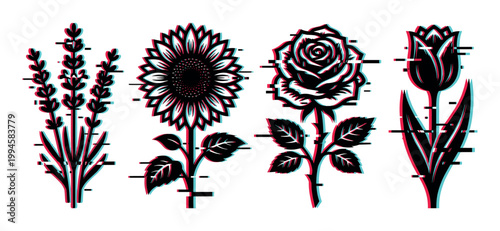 Glitch flowers set featuring lavender, sunflower, rose, and tulip with digital distortion effect in modern graphic style