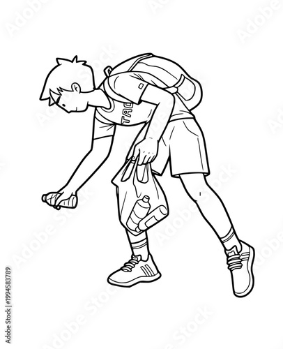 Young Man Plogging and Picking Up Plastic Bottle Waste, Volunteer Boy Collecting Garbage in Bag for Environmental Protection, Outdoor Cleanup Activity Line Art Illustration