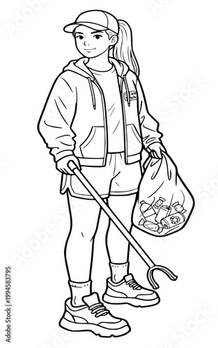 Teenage Girl Volunteer Holding Trash Reacher and Bag of Plastic Bottles, Young Female Activist Cleaning Environment Illustration, Ecology and Recycling Concept Line Art