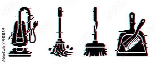 Cleaning tools icons set featuring a vacuum cleaner, mop, broom, and dustpan with brush in a modern glitch style.