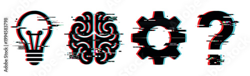 Digital glitch effect icons featuring a lightbulb, brain, gear, and question mark symbolizing innovation and problem-solving.