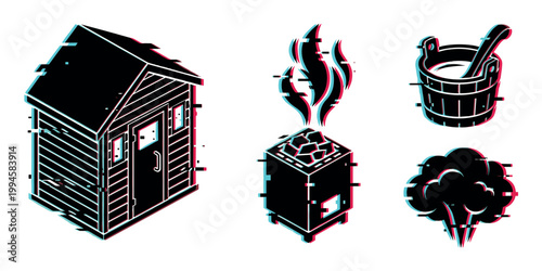 Sauna bathhouse elements icon set featuring a traditional wooden building, hot steam, a heater, and a water bucket with a ladle in a modern glitch style.
