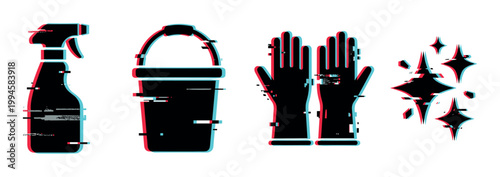 Cleaning supplies icons with digital glitch effect, including spray bottle, bucket, gloves, and sparkling clean symbols.