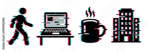 Glitch effect icons of a person, laptop, coffee mug, and building with digital distortion and chromatic aberration.