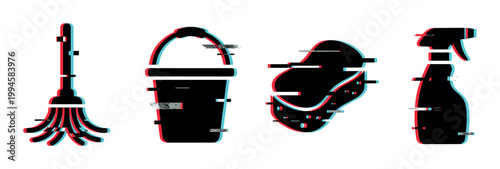 Glitch effect cleaning tools including broom, bucket, sponge, and spray bottle for household hygiene and sanitation concept.