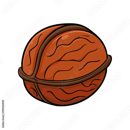 Cartoon illustration of a whole walnut with a textured shell and distinct seam