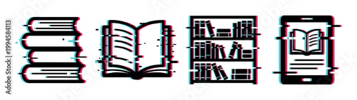 Glitch effect icons representing various aspects of books, reading, and digital learning, including a stack of books, an open book, a bookshelf, and an e-reader on a smartphone.