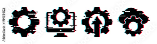 Glitch effect gear icons representing technology settings, computer systems, cloud computing, and software updates with digital distortion.