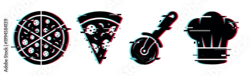 Pizza, slice, cutter, and chef hat icons with a modern digital glitch effect, representing fast food and culinary themes.