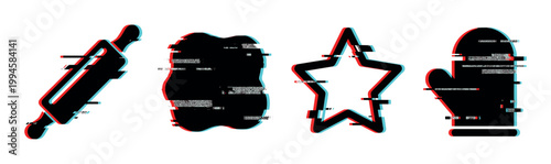Rolling pin, dough, cookie cutter, and oven mitt icons with a modern digital glitch effect, representing baking tools and cooking.