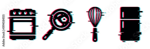 Kitchen appliances and cooking utensils with a modern glitch effect, representing digital disruption in home technology.