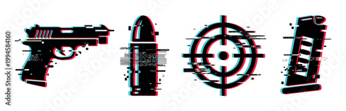 Pistol, bullet, target, and magazine icons with a modern digital glitch effect, representing weapon and shooting concepts.