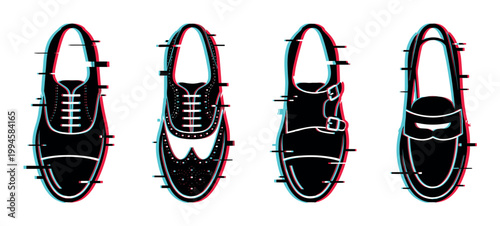 Classic men's dress shoes featuring a contemporary digital glitch effect, presented as a stylish vector illustration.