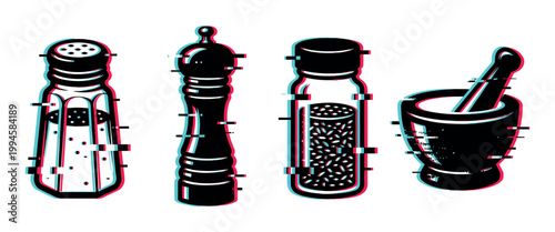 Kitchen spice tools and seasoning containers with a modern digital glitch effect, featuring vibrant cyan and magenta color shifts.