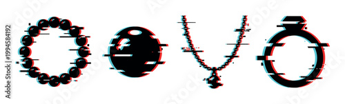 Glitch art jewelry icons featuring a bracelet, pendant, necklace, and ring with a modern digital distortion effect.
