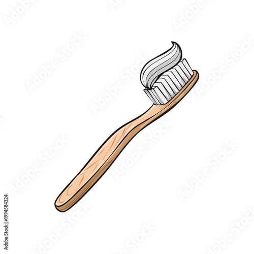 Wooden toothbrush with white toothpaste applied for dental hygiene and oral care routines