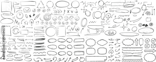 Black underline pencil hand drawn various ellipses, punctuation marks, direction pointers, arrows, stars, question mark and exclamation point.