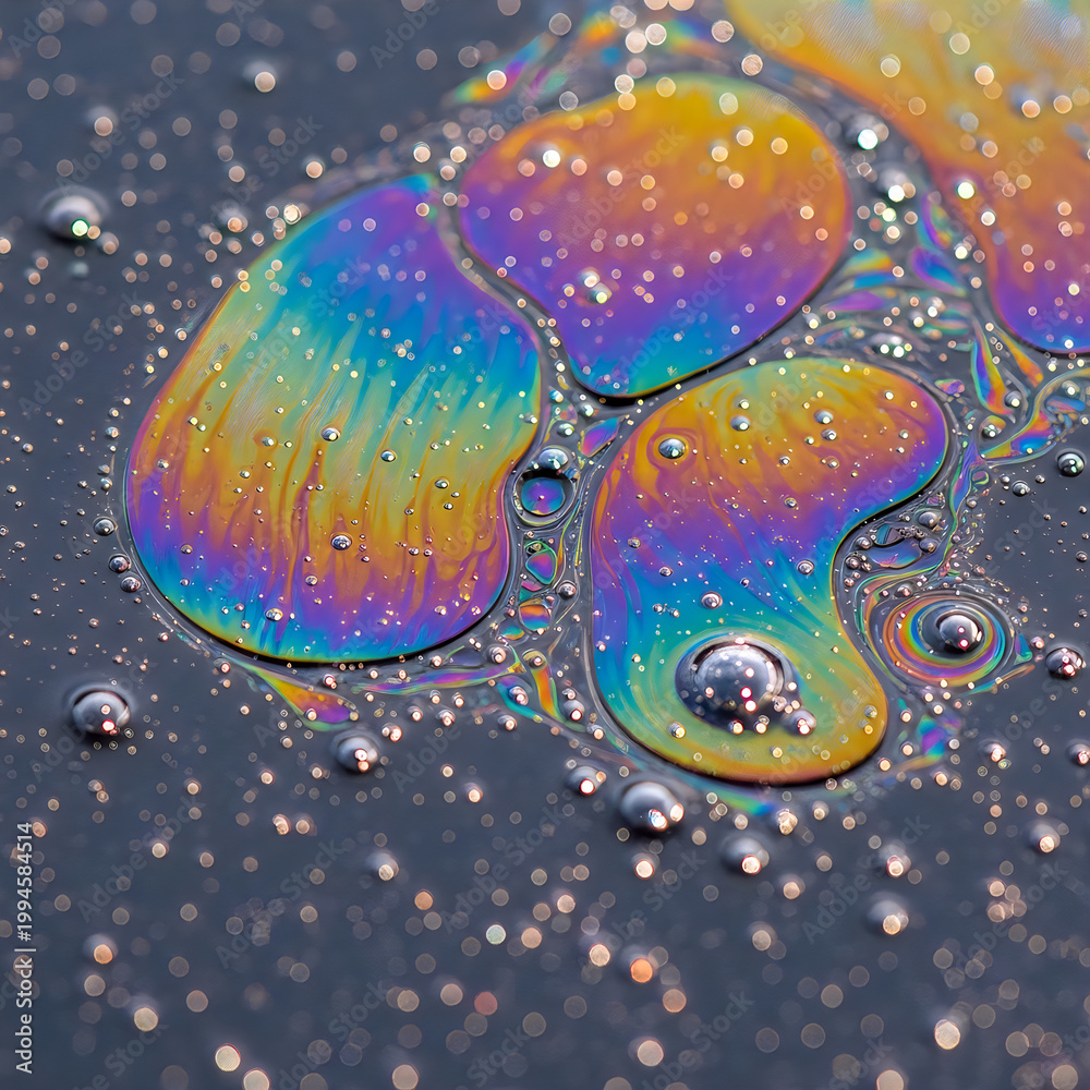 Fototapeta premium Rainbow oil slick with bubbles on dark surface iridescent colors.