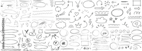 Black underline pencil hand drawn various ellipses, punctuation marks, direction pointers, arrows, stars, question mark and exclamation point.