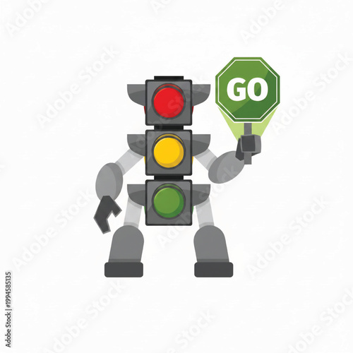 Traffic light robot holding a green GO sign for street crossing and pedestrian safety concept illustration