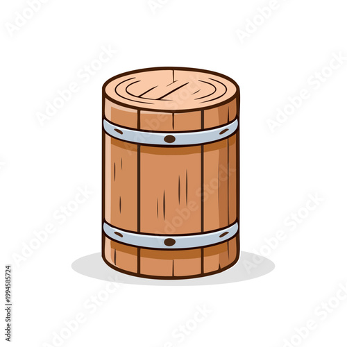 Rustic wooden barrel with metal bands isolated on white background, vintage container illustration