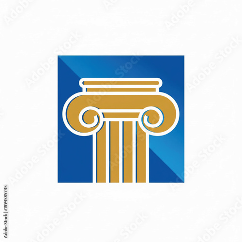 Column temple logo icon with gold capital and blue background, flat vector style for architecture and history branding