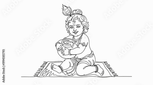 Whimsical line drawing of a joyful young girl with a peacock feather in her hair sitting on a rug and hugging a plush toy