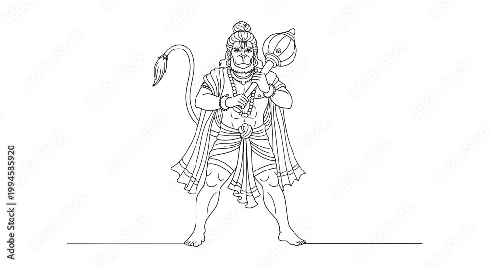Fototapeta premium Intricate line art of a mythic warrior figure adorned with traditional elements and holding a staff, showcasing detailed costume